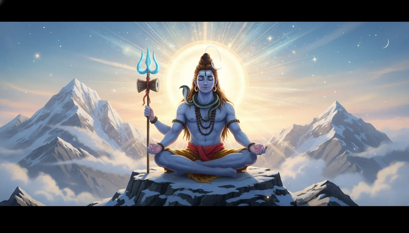 Animated Lord Shiva meditating on Mount Kailash with trident, damru, and glowing halo.