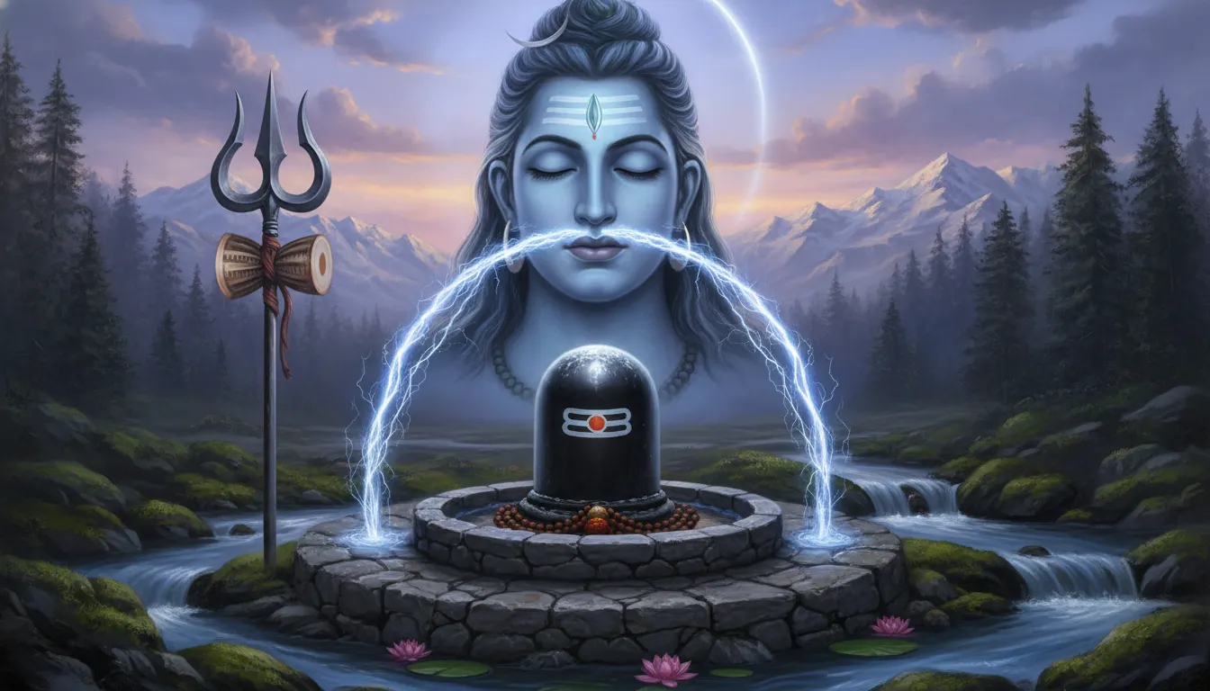 Lord Shiva above a glowing Lingam with lightning and symbolic elements