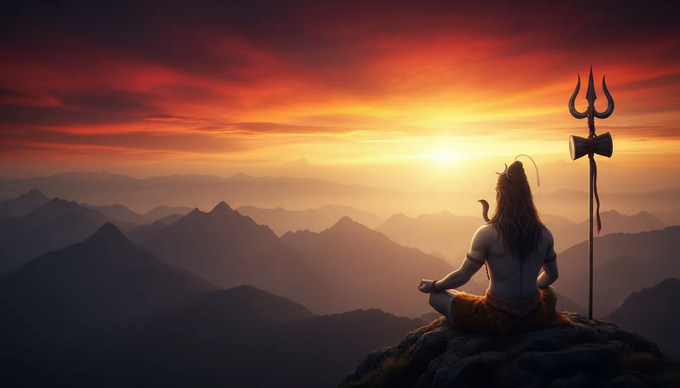 The silhouette of Lord Shiva meditating on a high mountain peak against a dramatic crimson sunset.