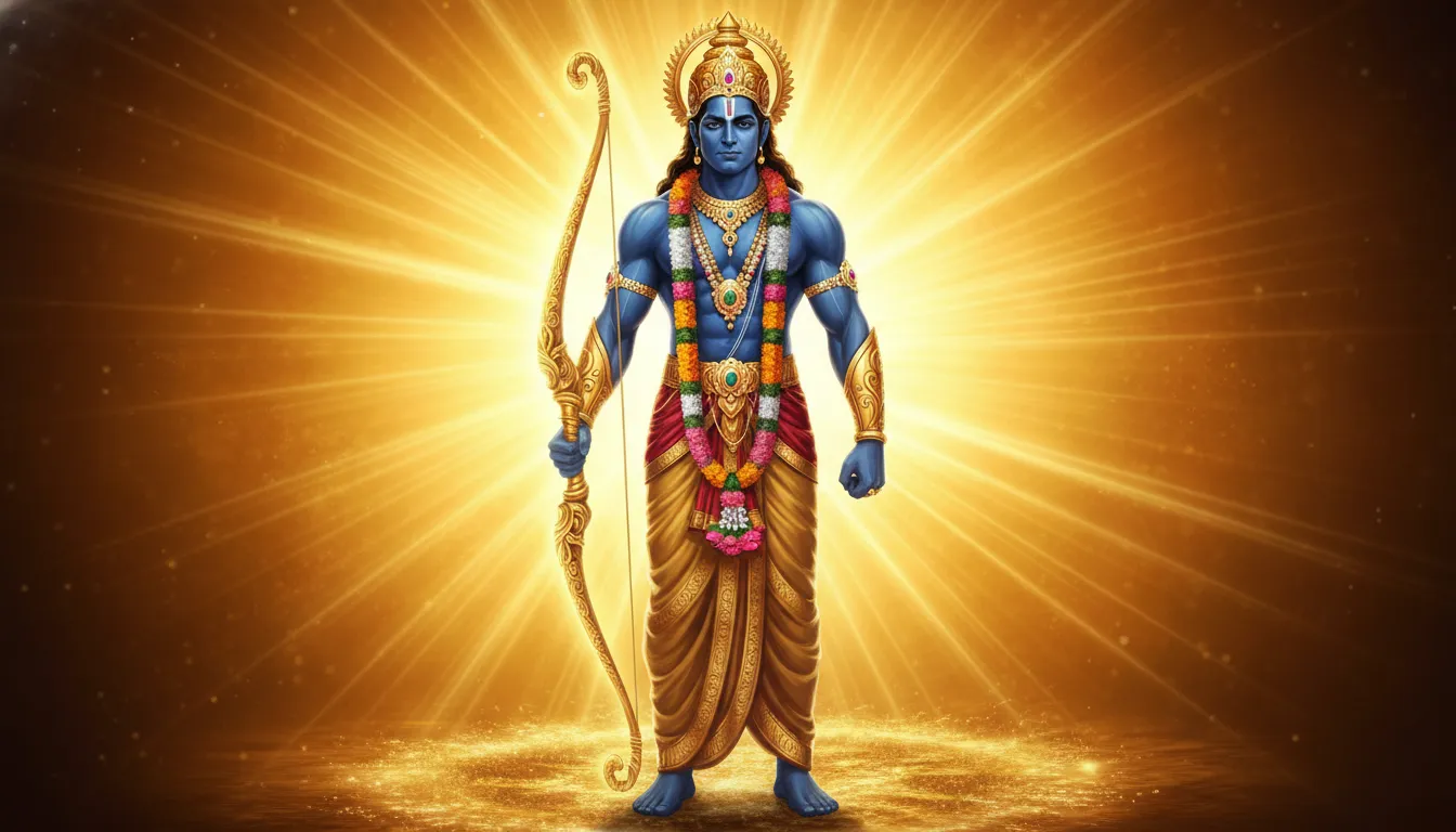 Blue-skinned divine warrior standing with a golden bow against a glowing background