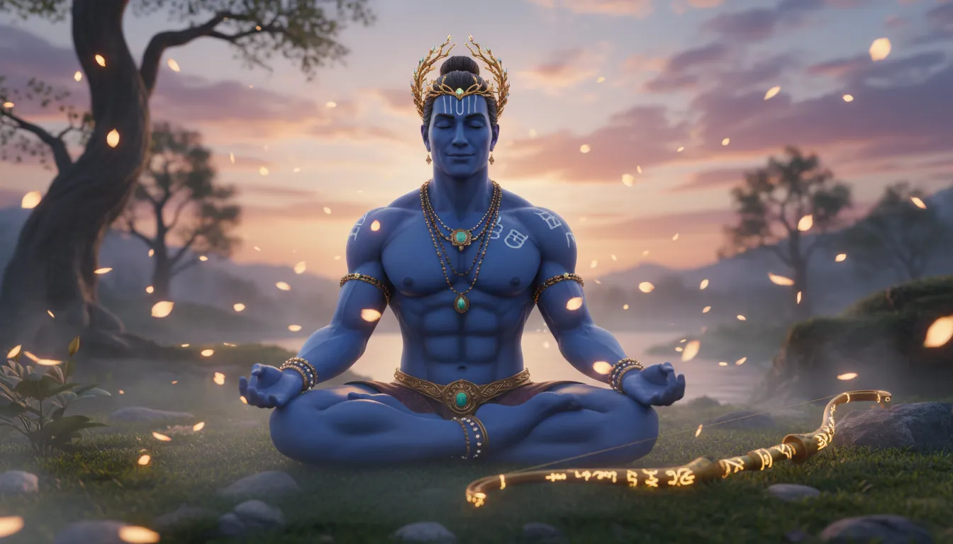Meditating blue-skinned warrior with a bow resting beside him during twilight