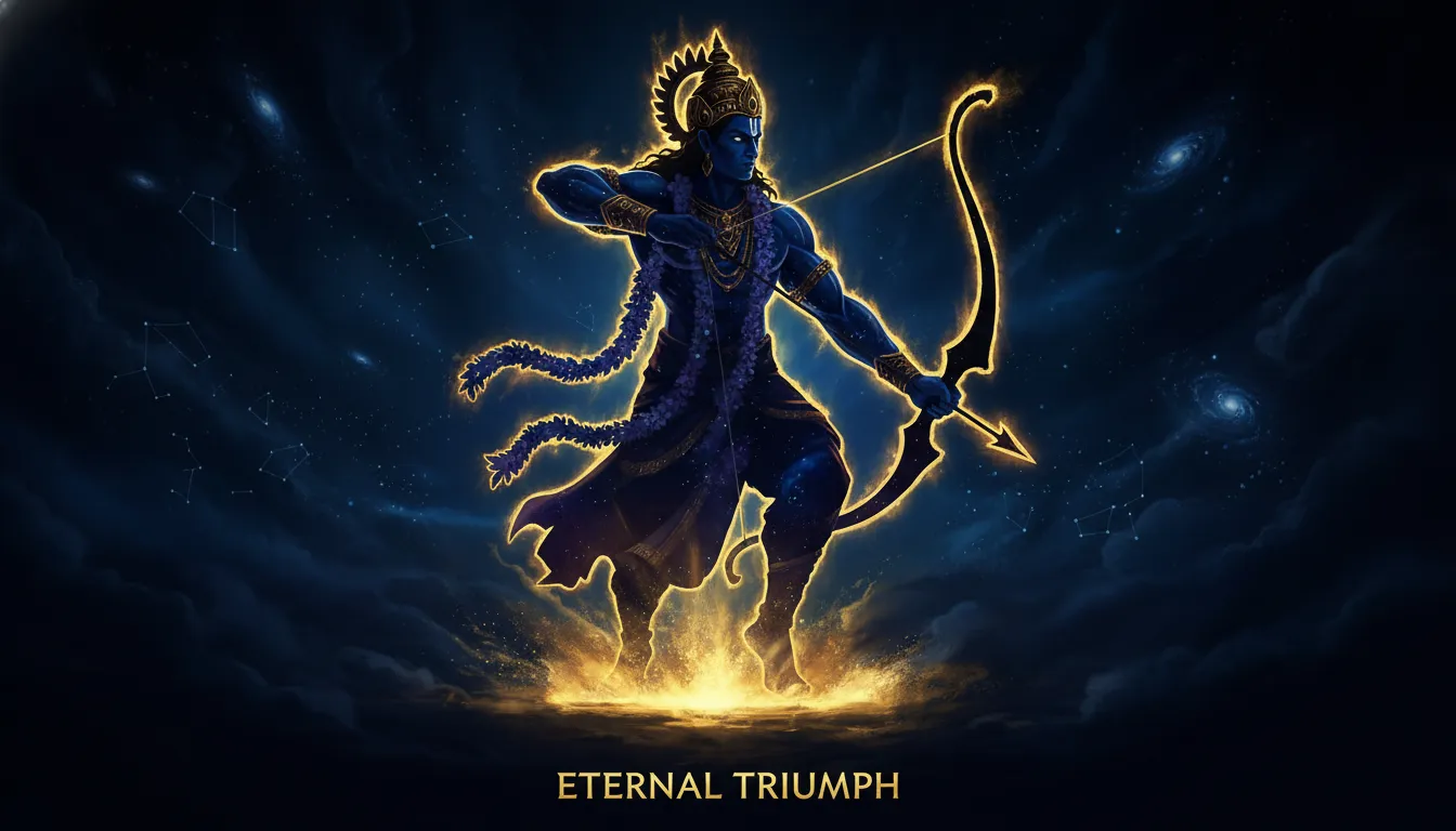 Artistic silhouette of a blue-skinned warrior with a bow surrounded by golden energy