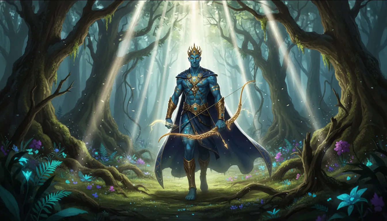 Radiant blue-skinned figure holding a glowing bow inside an ancient sacred forest