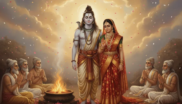 Mahadev and Mata Sati wedding scene with gods showering flowers from clouds