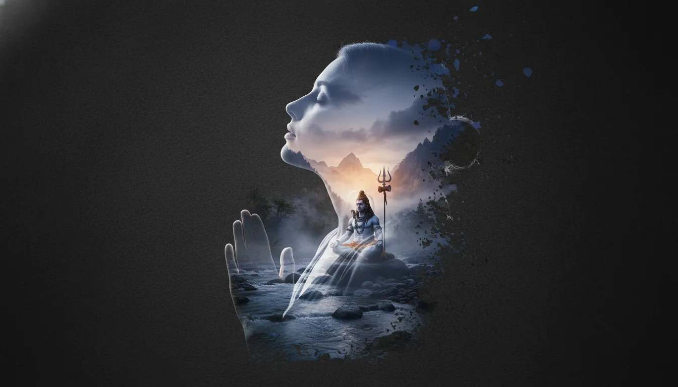 Double exposure photo editing combining a man's silhouette with a Lord Shiva mountain landscape.