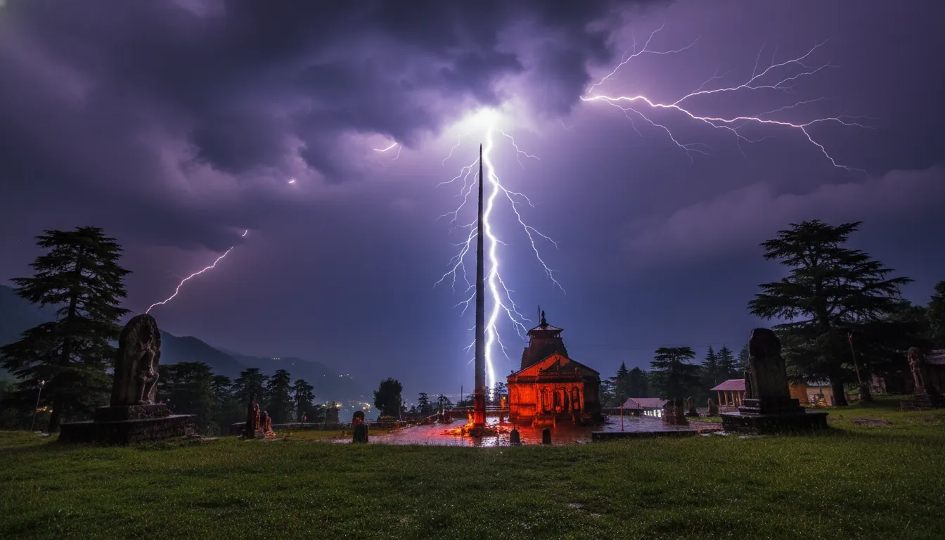 Artistic long exposure shot of a lightning bolt striking the wooden pole at Bijli Mahadev Temple.