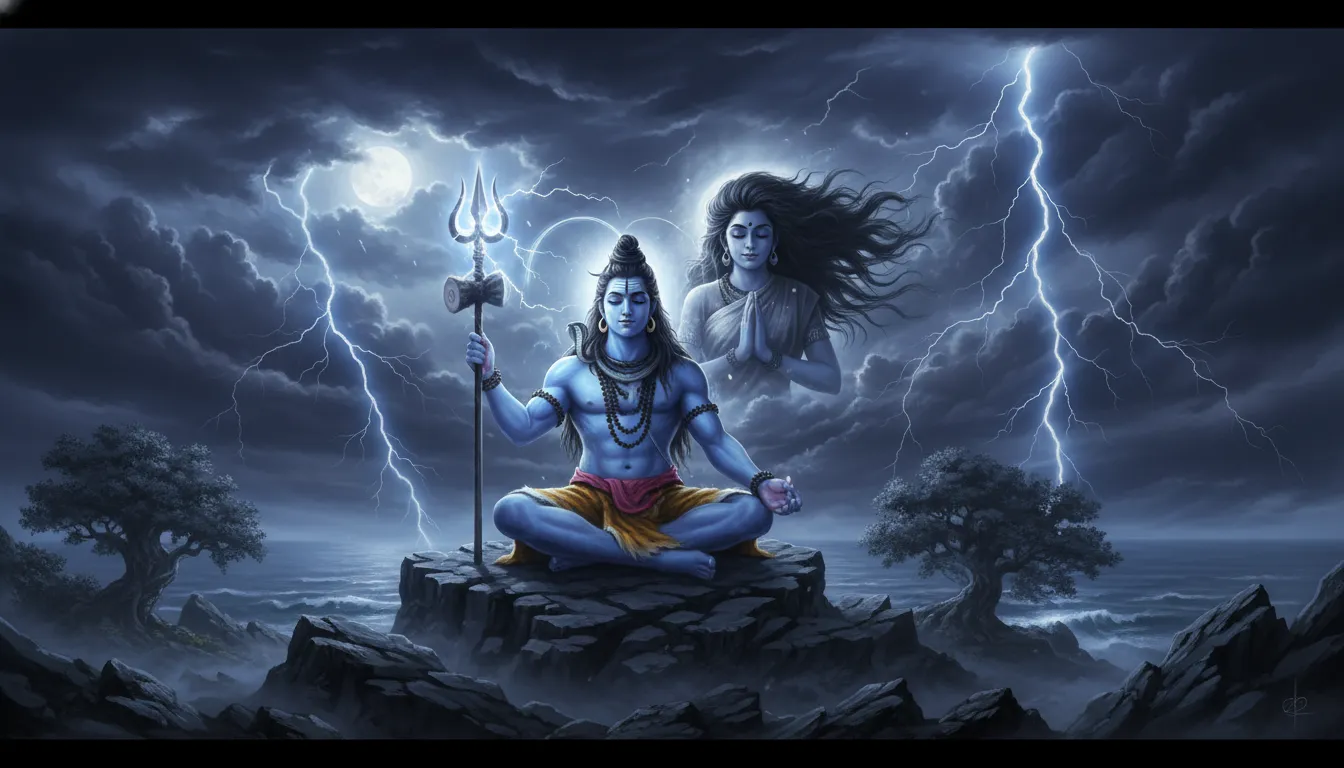 A dramatic devotional artwork showing a seated blue Shiva figure with a trident and a divine female figure in the background.
