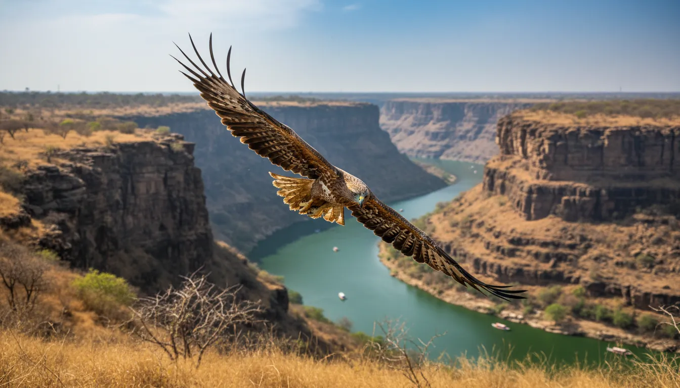Vultures or eagles soaring high in the sky over the rocky valleys of Garadia Mahadev temple.