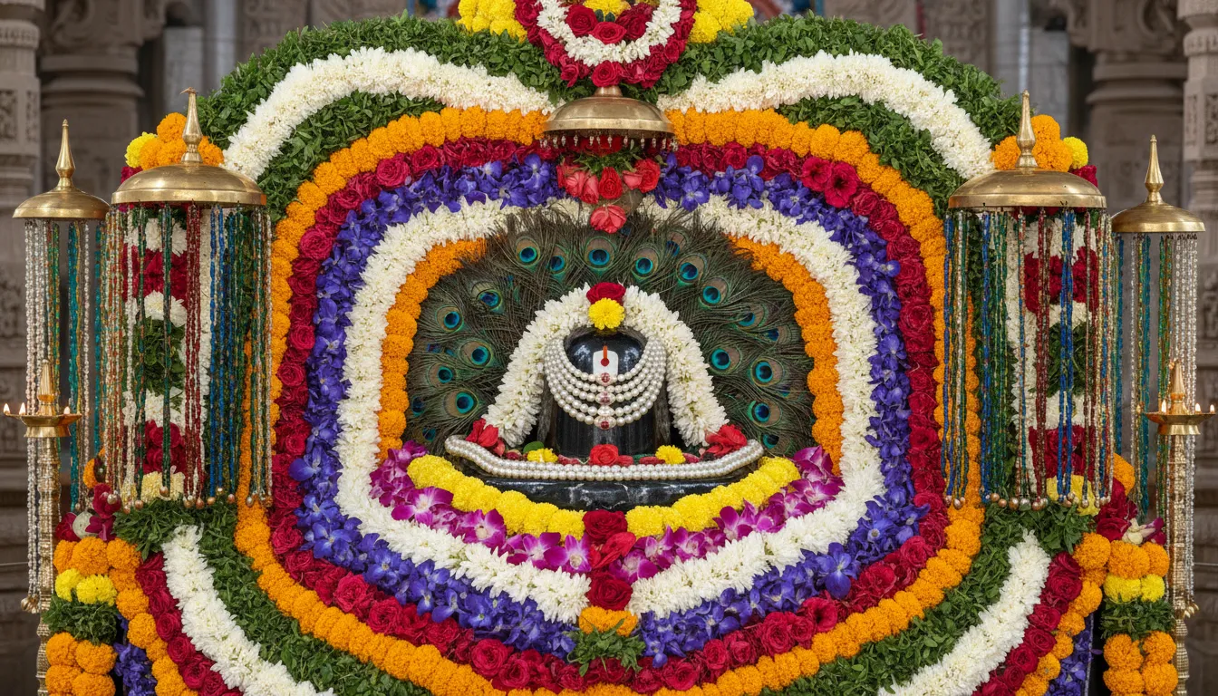 : floral decorated shrine with central lingam covered in beads and peacock feathers