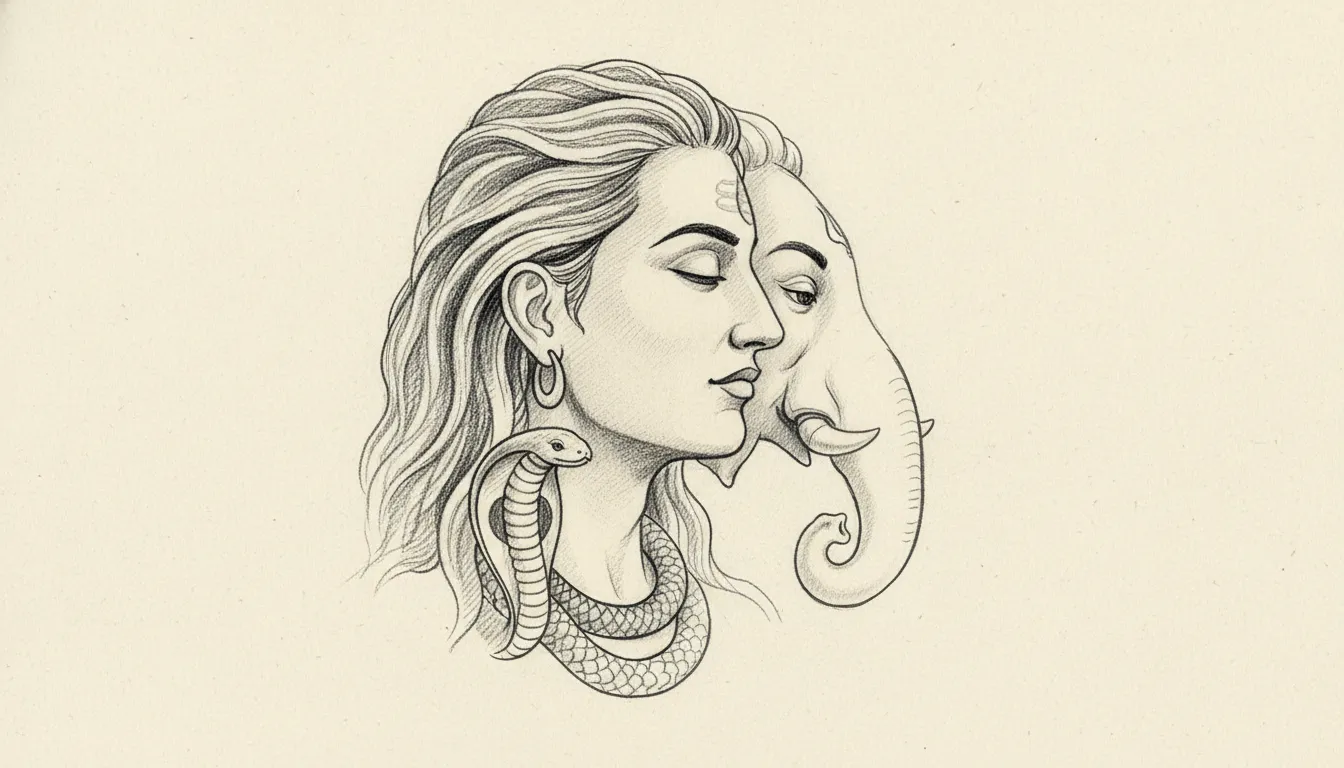 Minimalist pencil sketch style photo of Mahadev Ganpati.