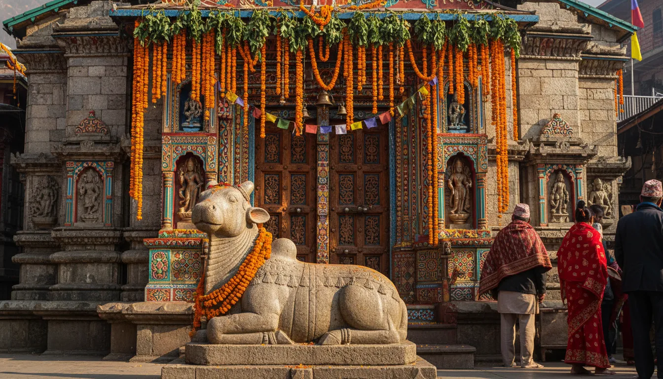 Stone carved Nandi bull statue facing the entrance of Bijli Mahadev Temple.