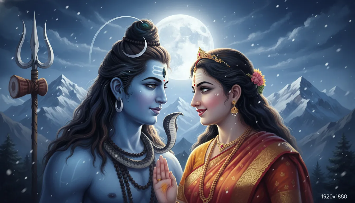 Close up artistic image of Shiva and Parvati looking at each other under a bright moonlit sky