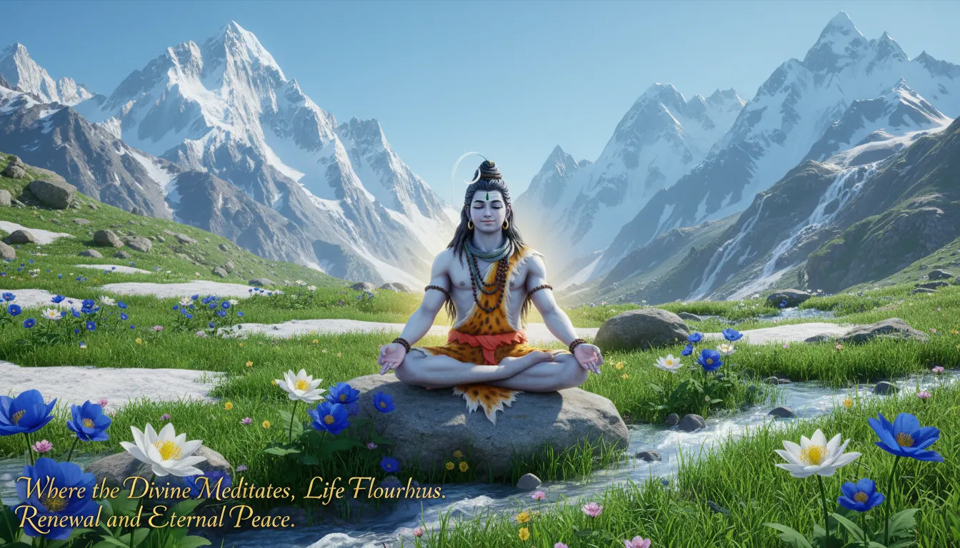 Lord Shiva meditating on a mountain meadow filled with blooming flowers and melting snow.