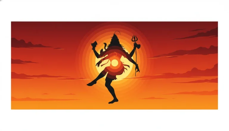 Dark silhouette of Lord Shiva dancing against a vibrant orange sunset sky