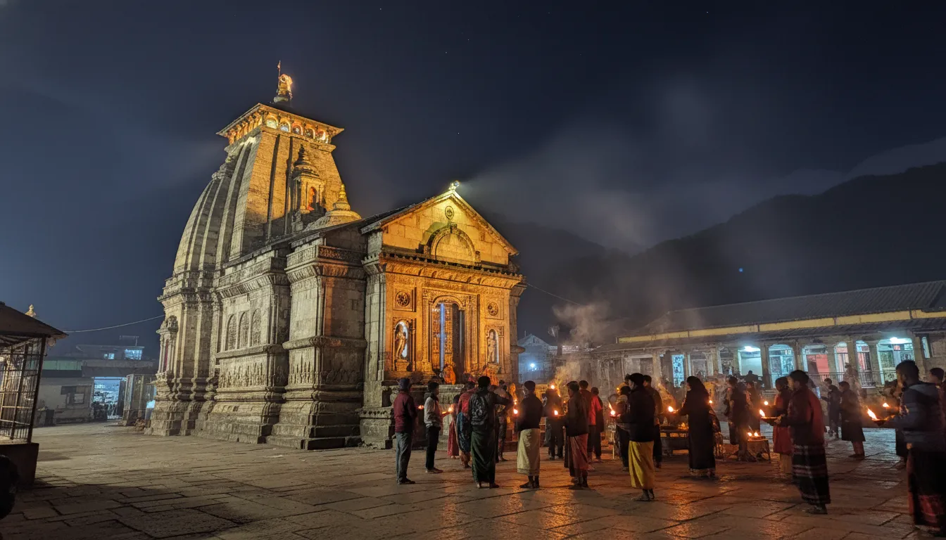 Night view of Kedarnath Mahadev temple illuminated with golden lights during evening aarti with devotees.