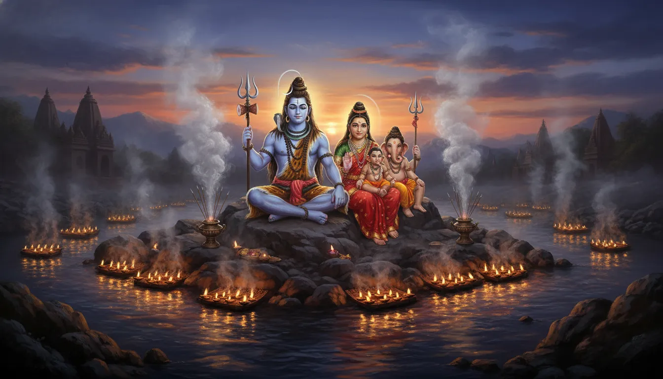 An artistic representation of Lord Shiva's family performing evening aarti on the banks of the river Ganges.