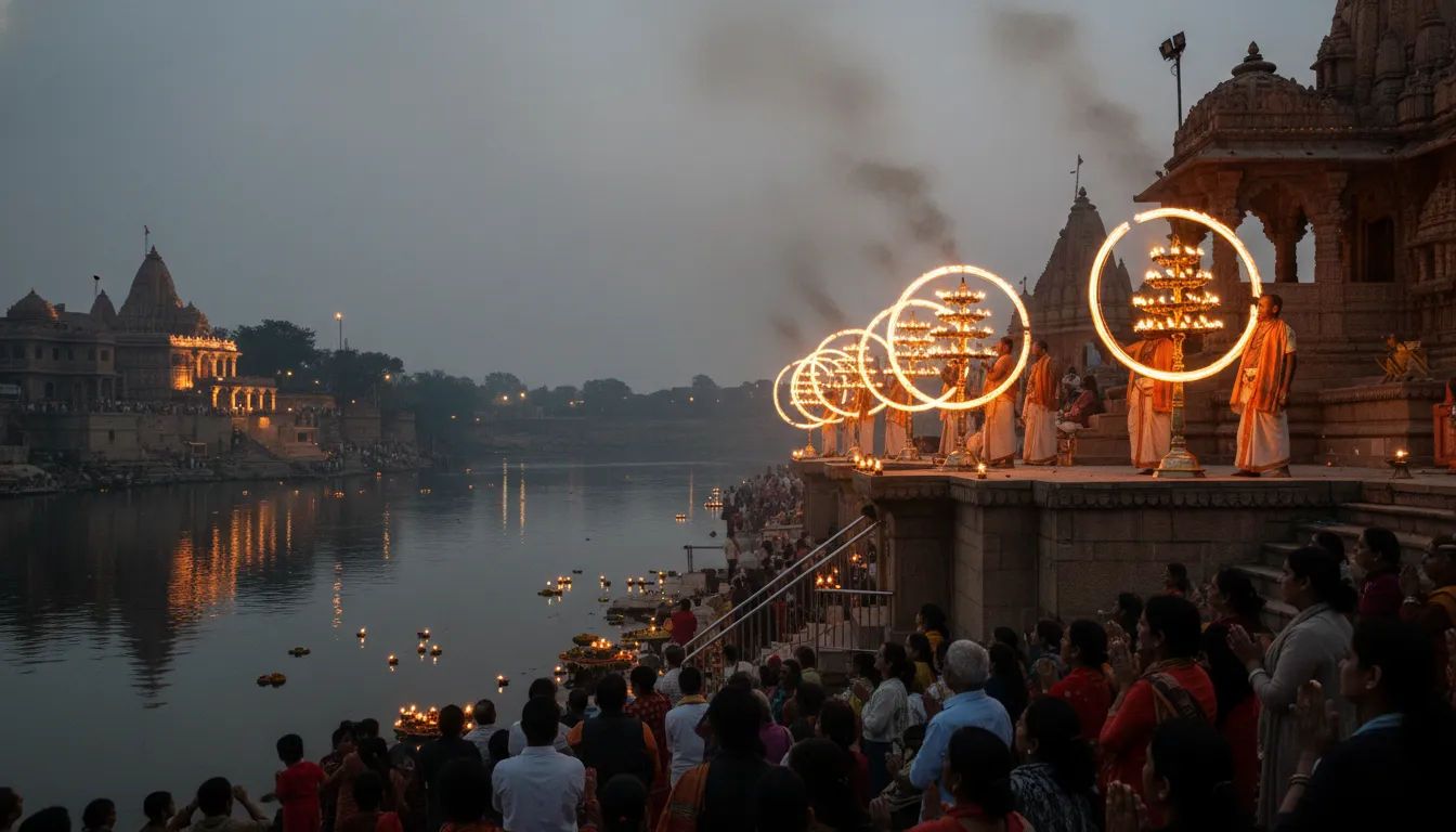 Temple priests performing the grand evening Maha Aarti with large multi-tiered brass lamps near Narmada river at Omkareshwar.