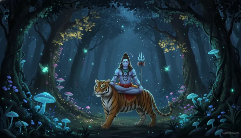 Fantasy Mahadev tiger art with damru music notes floating in air