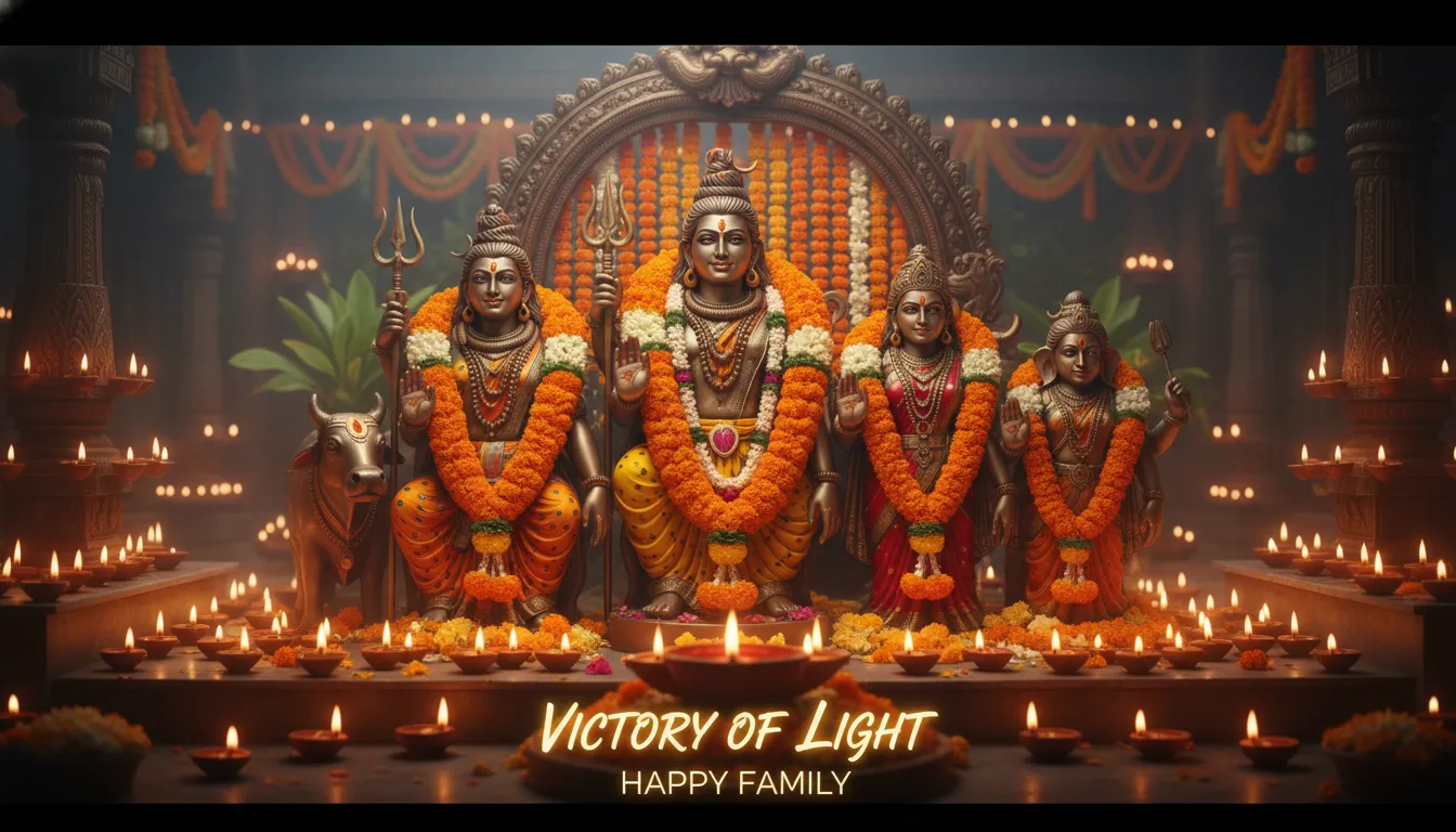 Mahadev Parivar photo decorated with festive lights and beautiful garlands.