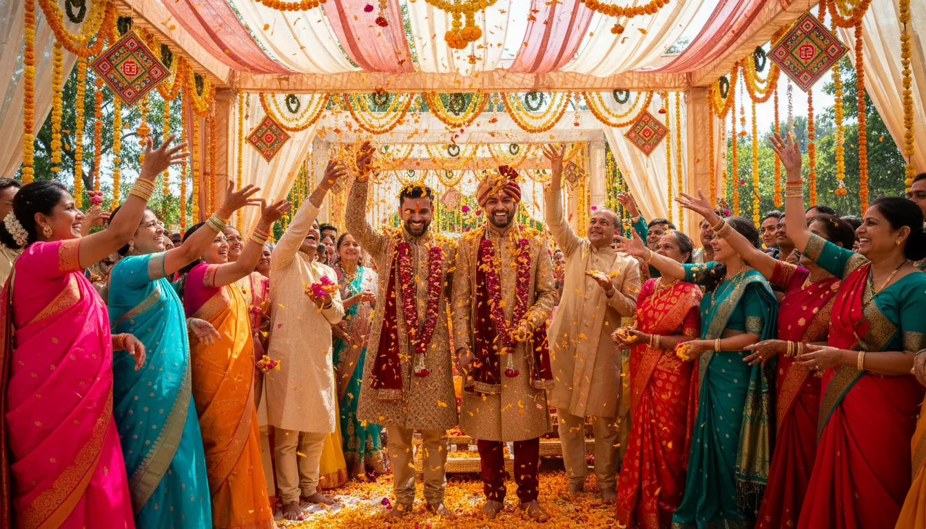 A joyful festive sacred ceremony gathering scene showing a couple showered with flower petals by guests.