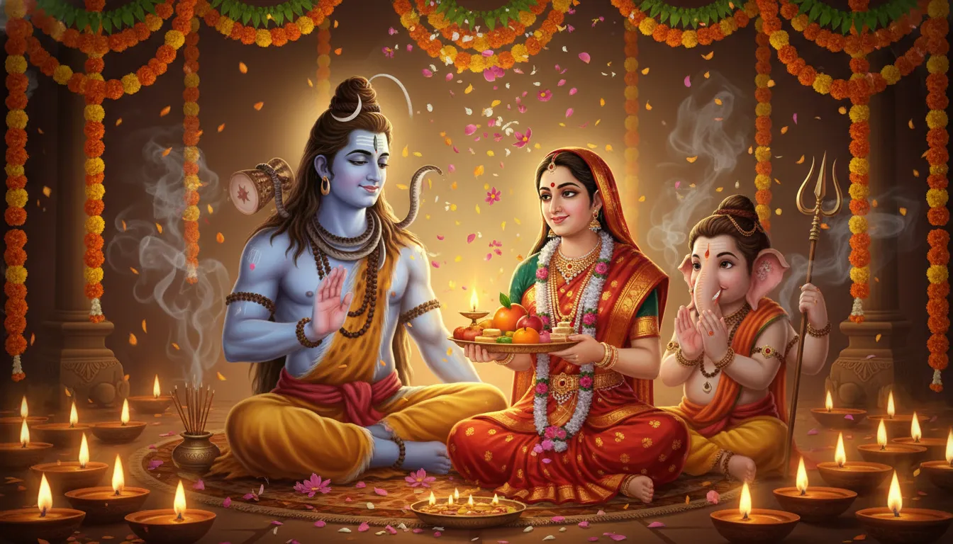 A celebratory Mahadev full family photo decorated with fresh marigold flower garlands and traditional oil lamps for a festive look.