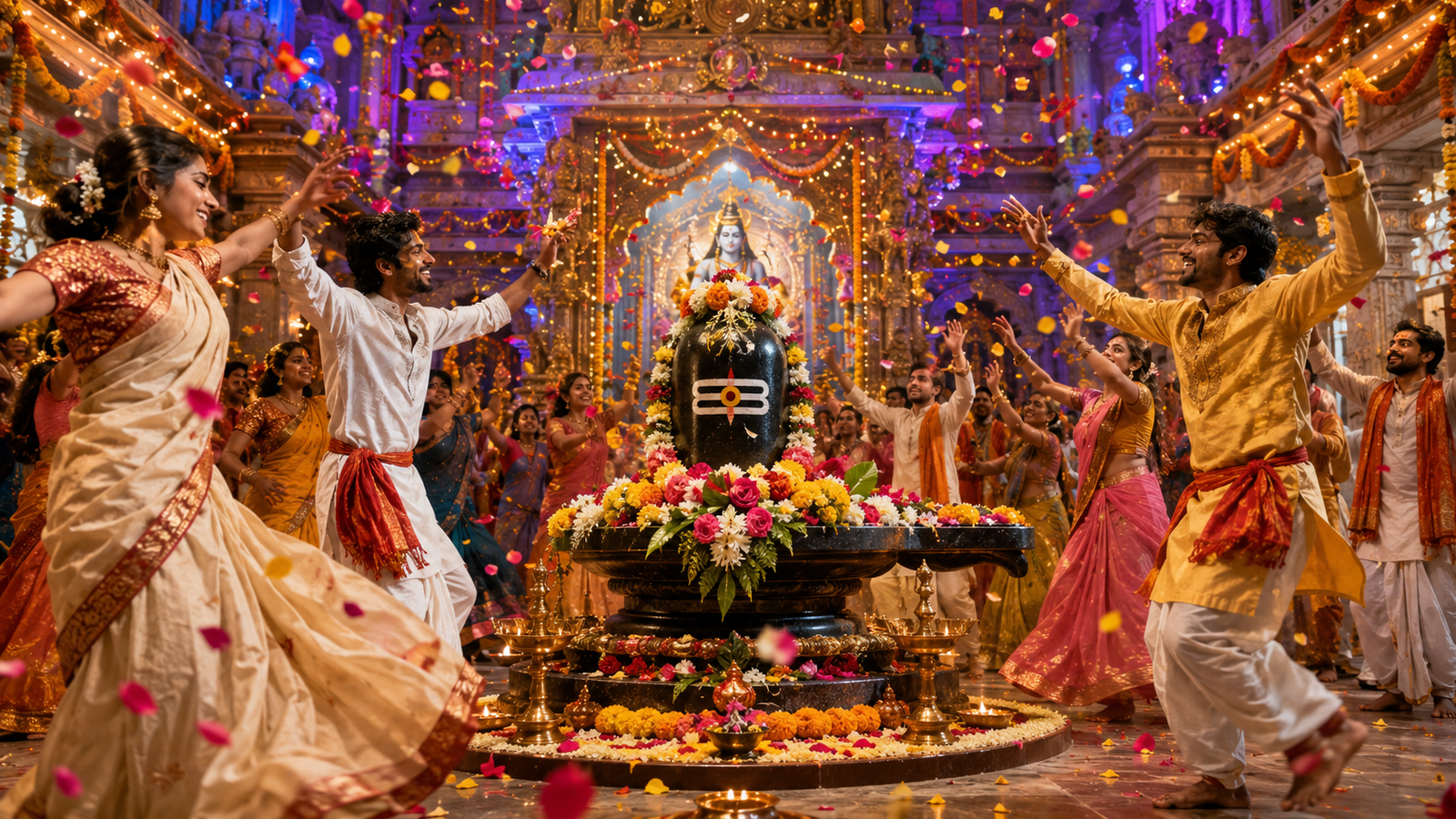 Dancers celebrating Maha Shivratri with devotional dance movements amidst falling flower petals in a temple