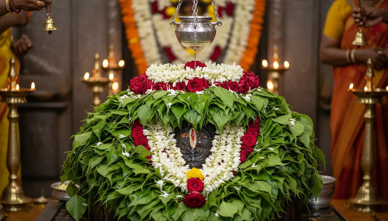 Festive markandey mahadev photo with heavy decorations of green leaves and flowers for Shravan festival.
