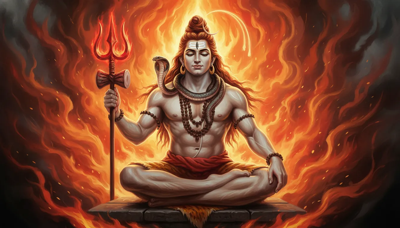 Artistic image of Lord Shiva with trident and serpent surrounded by flames