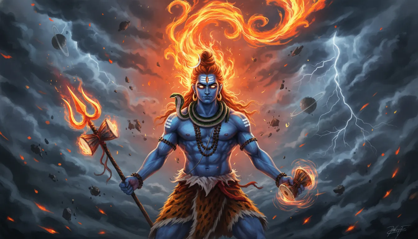 Lord Shiva with fire coming from hair angry Rudra form destructive energy