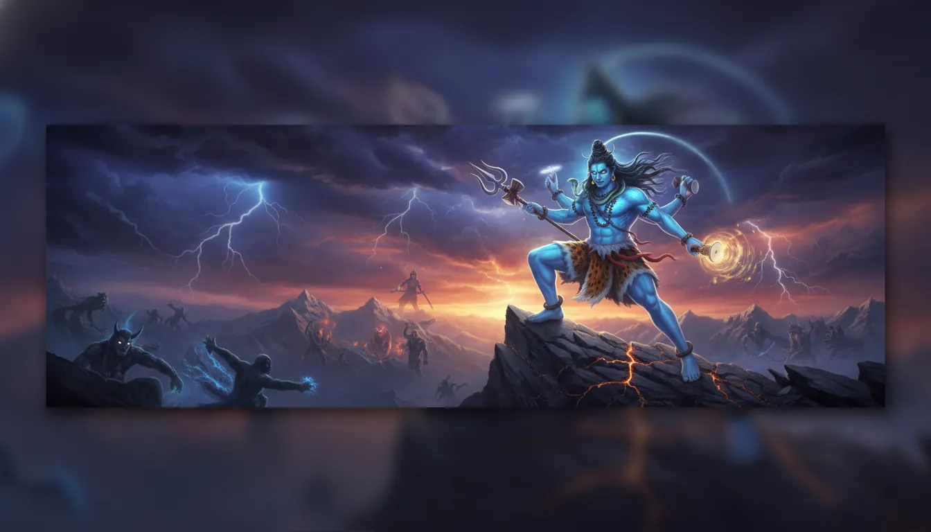 Lord Mahakal with a fierce expression holding a massive trident ready to defend the universe.