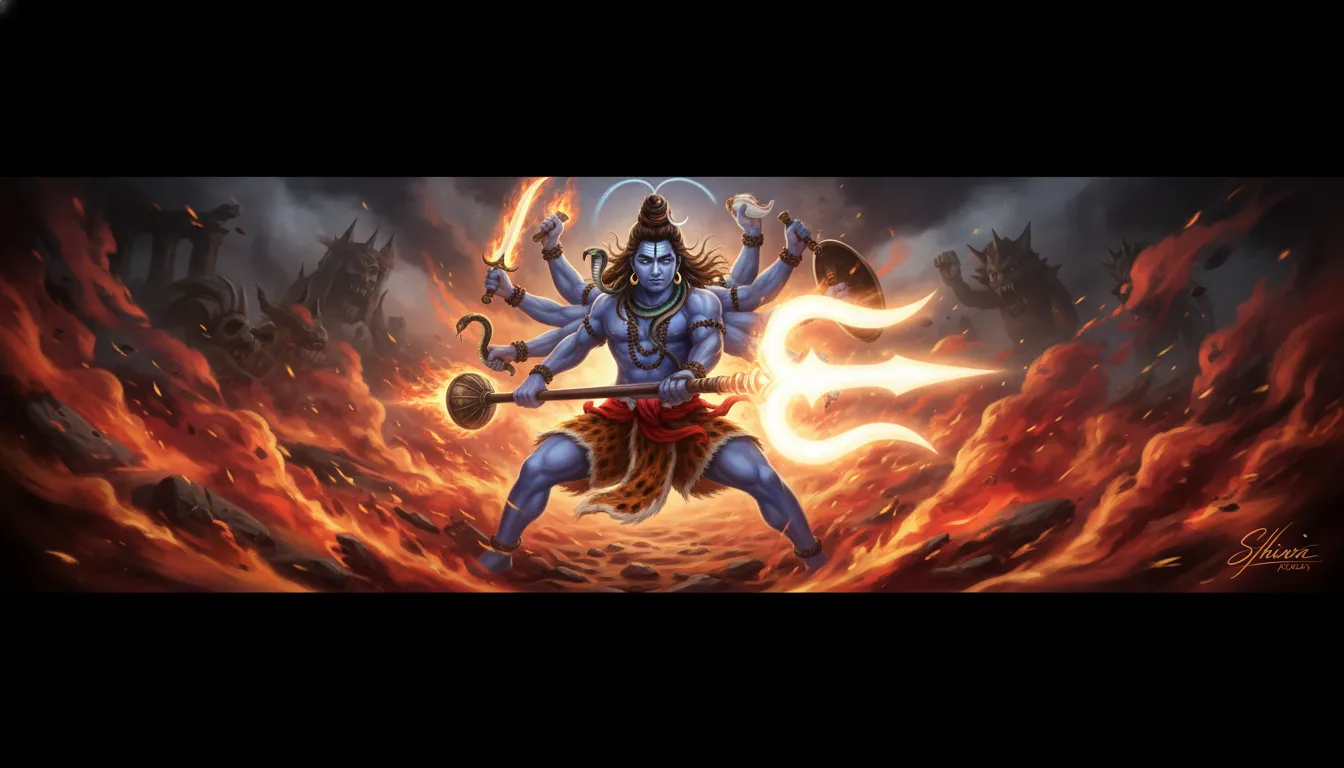 Angry multi-armed Lord Shiva standing in a powerful warrior stance amidst bright orange flames holding a weapon.