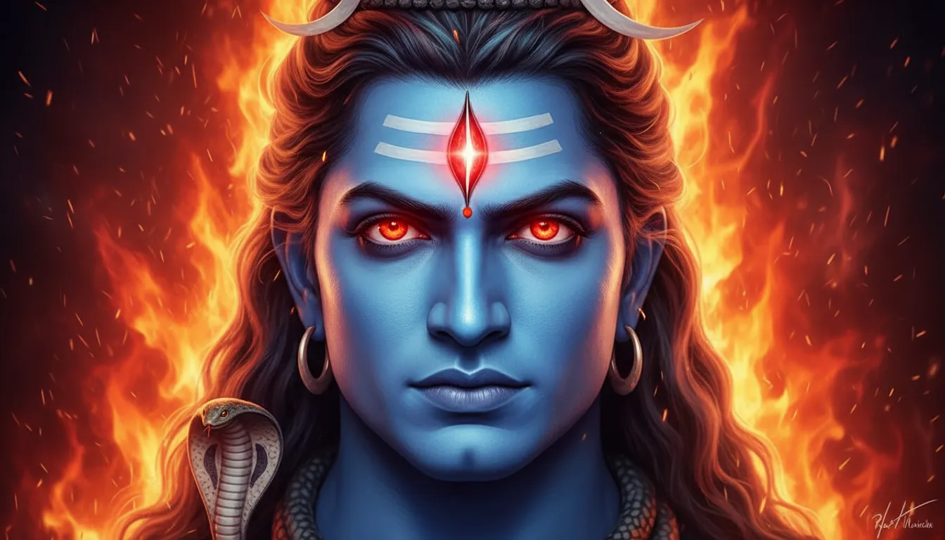 Lord Shiva fierce face with fire background glowing third eye intense portrait