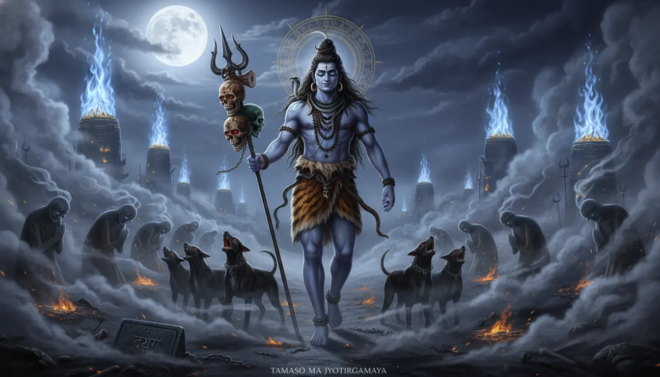 Fierce walking Shiva as Bhairava with a skull-studded trident in a cremation ground