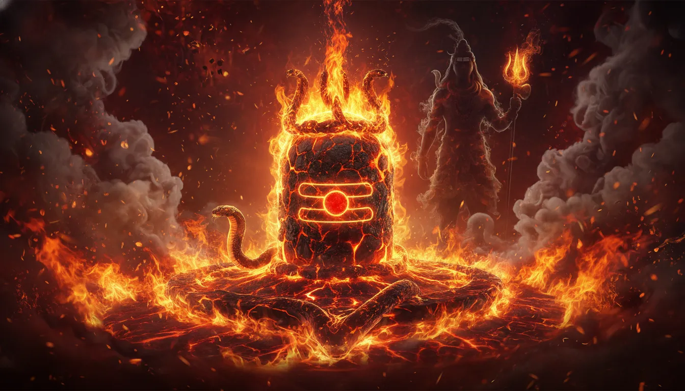Powerful fiery energy background behind a majestic Mahadev Shiv Ling photo.