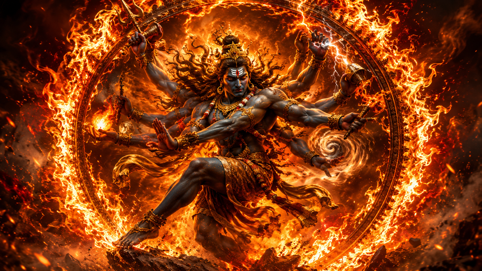 Intense illustration of a multi-armed deity dancing inside a ring of spiritual fire