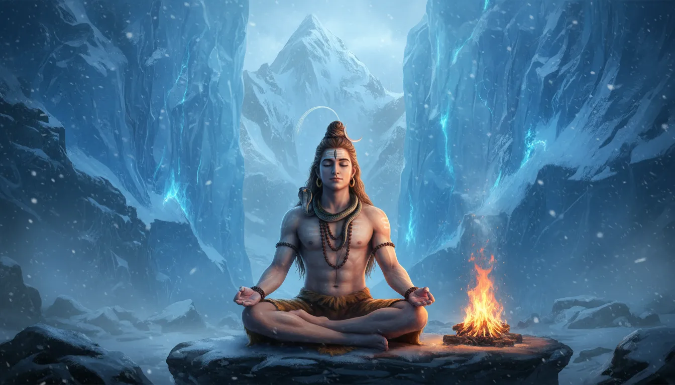 Lord Shiva meditating amidst frozen glaciers with a small, sacred fire burning beside him.