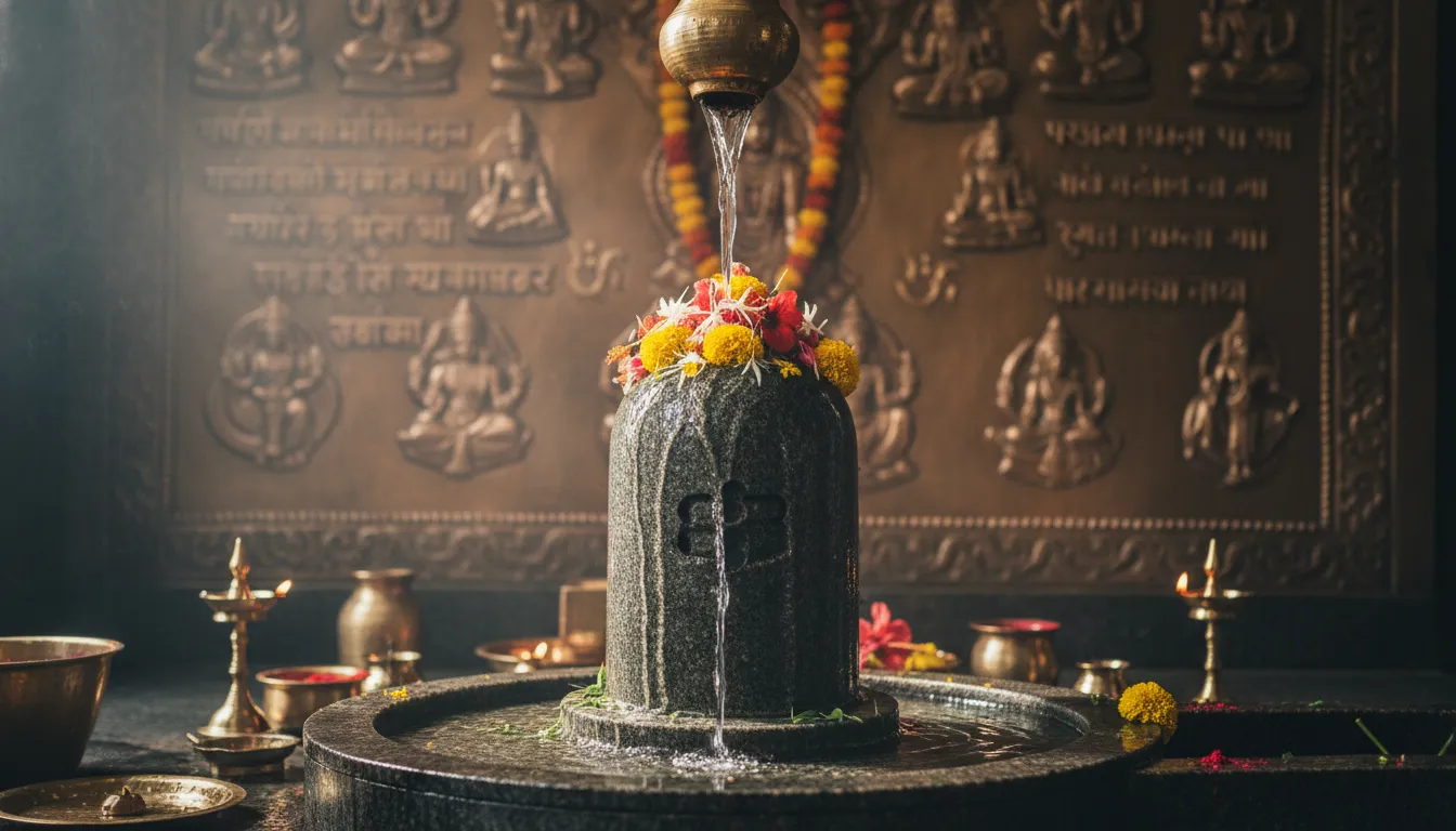 Lingam covered in flowers with water flowing over it inside a temple