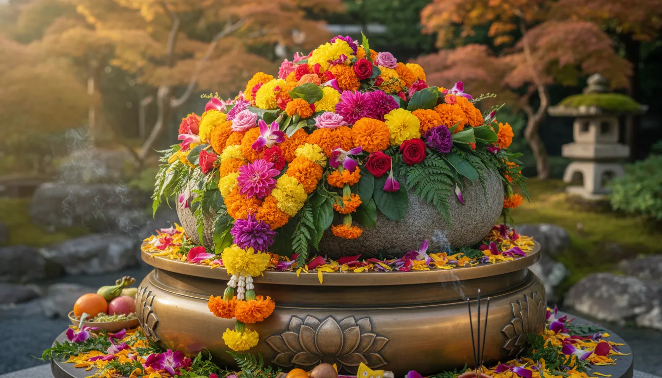 Sacred stone covered with flowers and green leaves