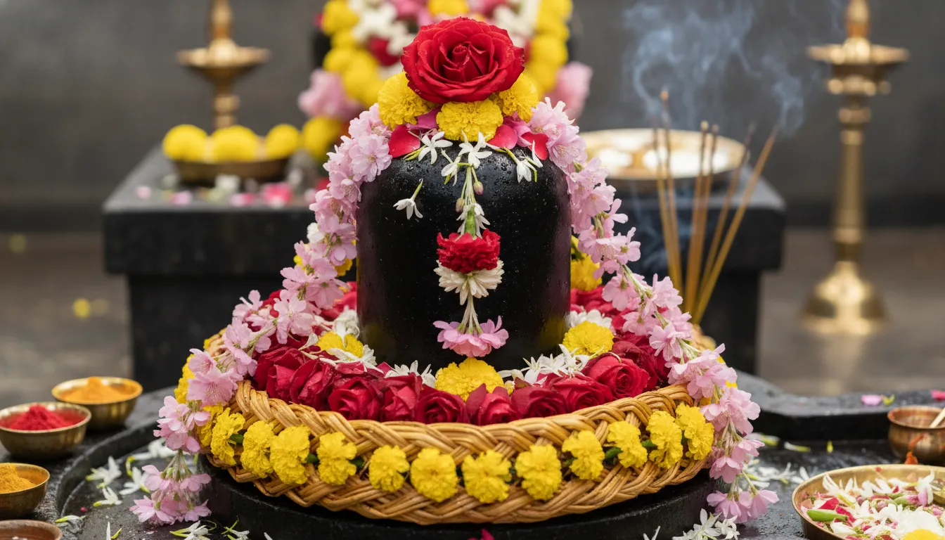 Shiva lingam decorated with red, pink, yellow flowers and a thick rose garland
