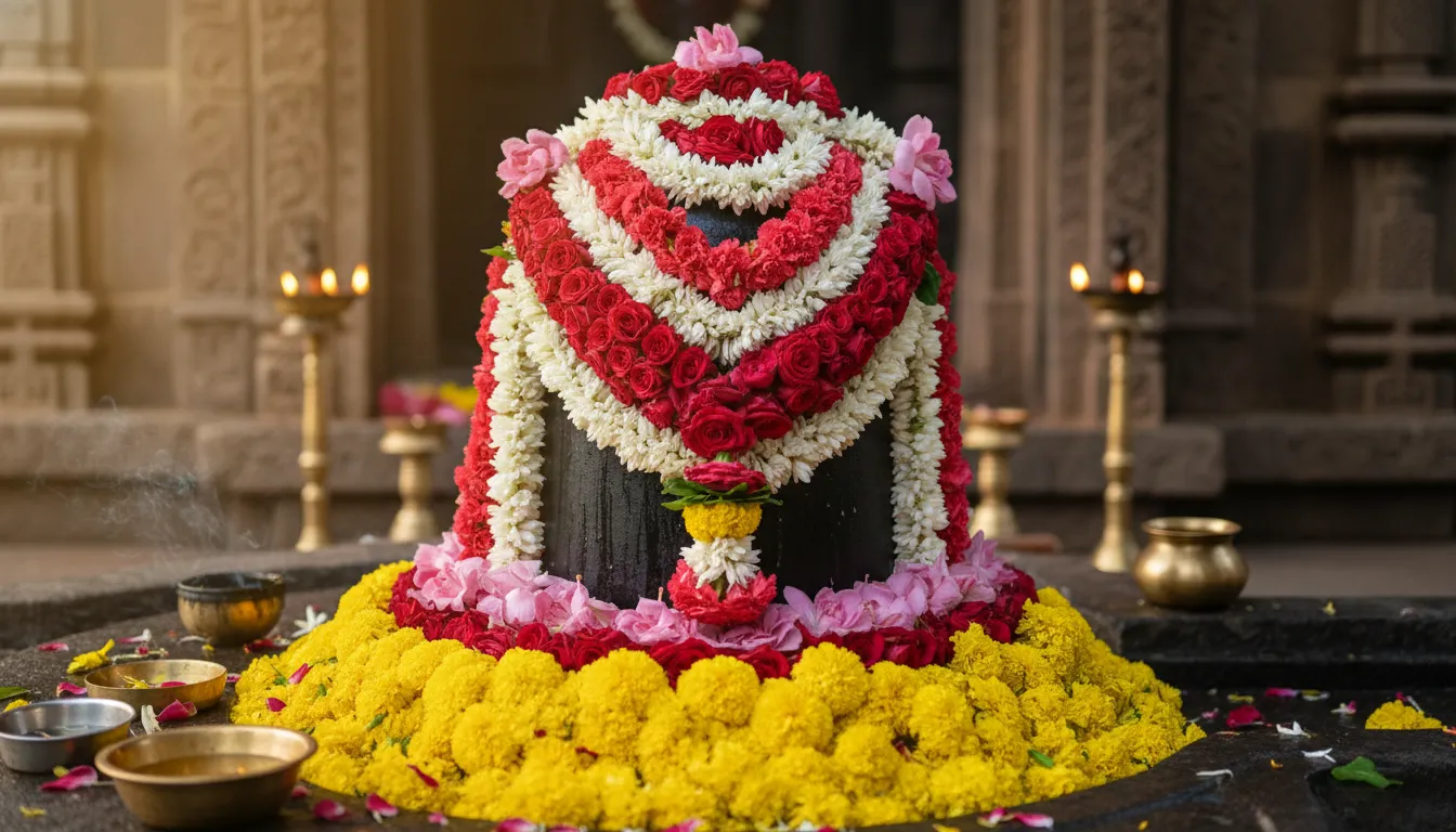 Lingam decorated with red, white, and pink flowers in artistic style