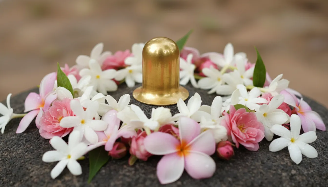 close-up of floral offerings with white and pink flowers around a small golden lingam
