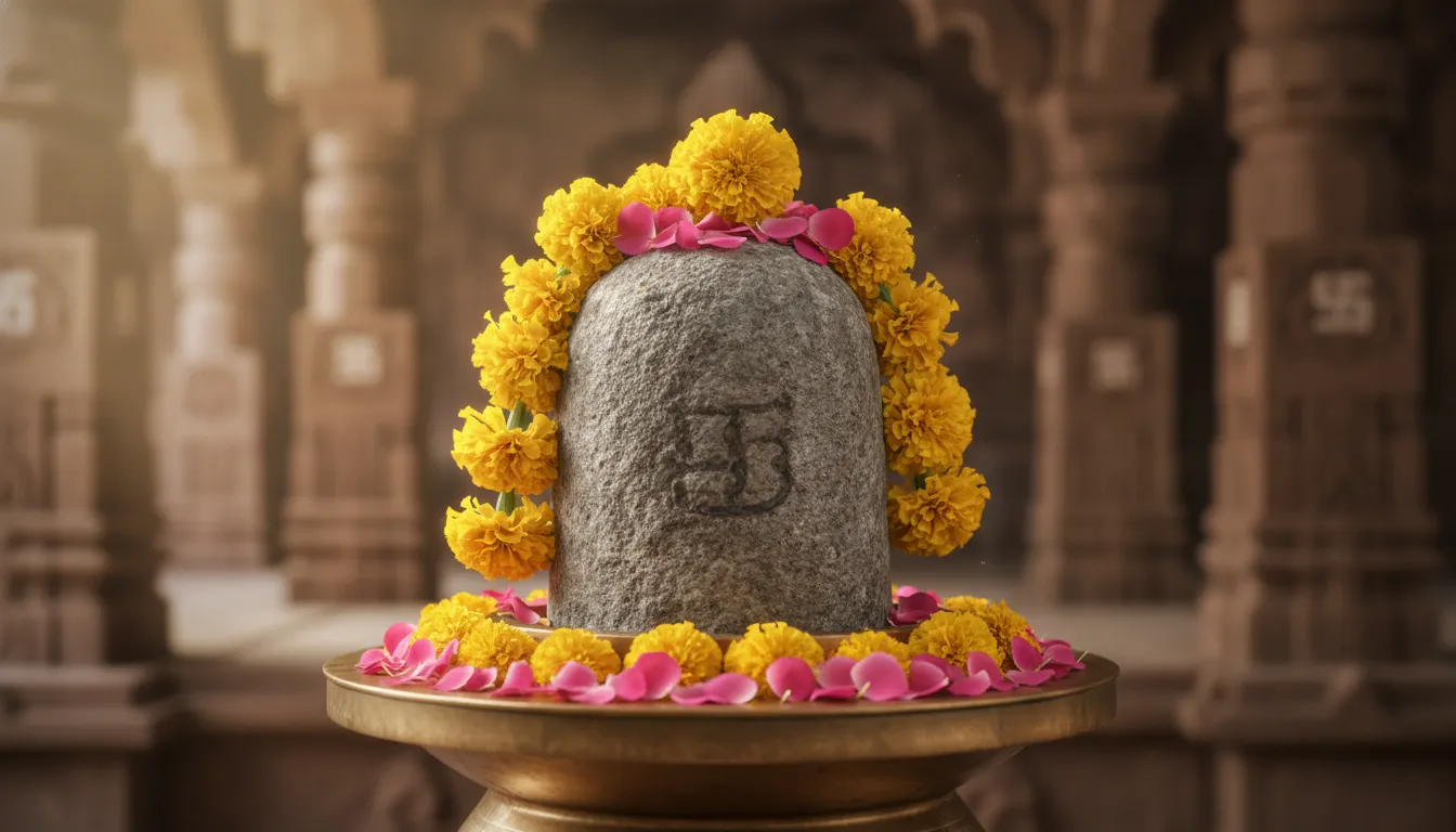 A close-up of a Shiva Lingam decorated with yellow and pink flowers in a soft-focus shrine setting.