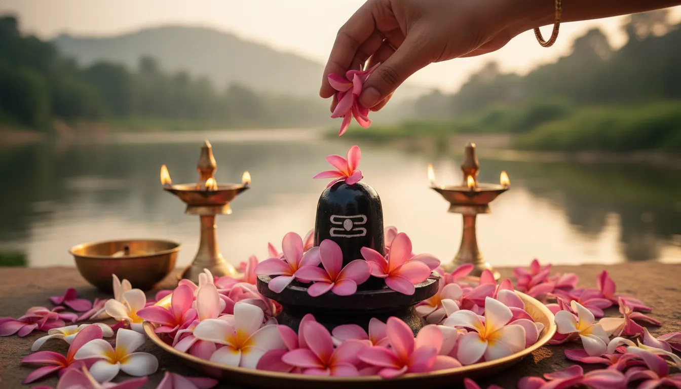 Hand placing pink flower petals over a small Shiva Lingam during worship near a riverside setting.