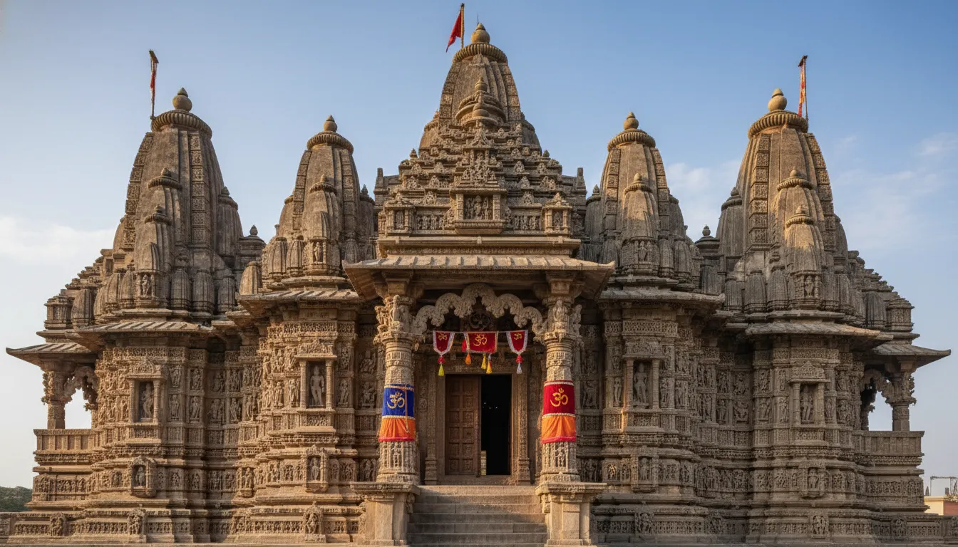 The multi-story stone architecture and grand entrance facade of the main Om Kareshwar Mahadev temple.