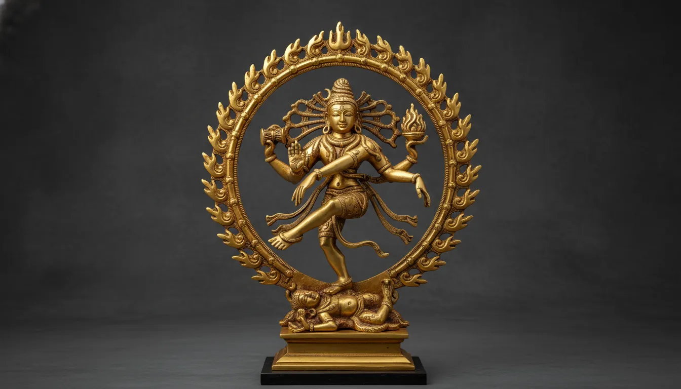 golden nataraja shiva sculpture full frontal view with ring of fire and dwarf demon