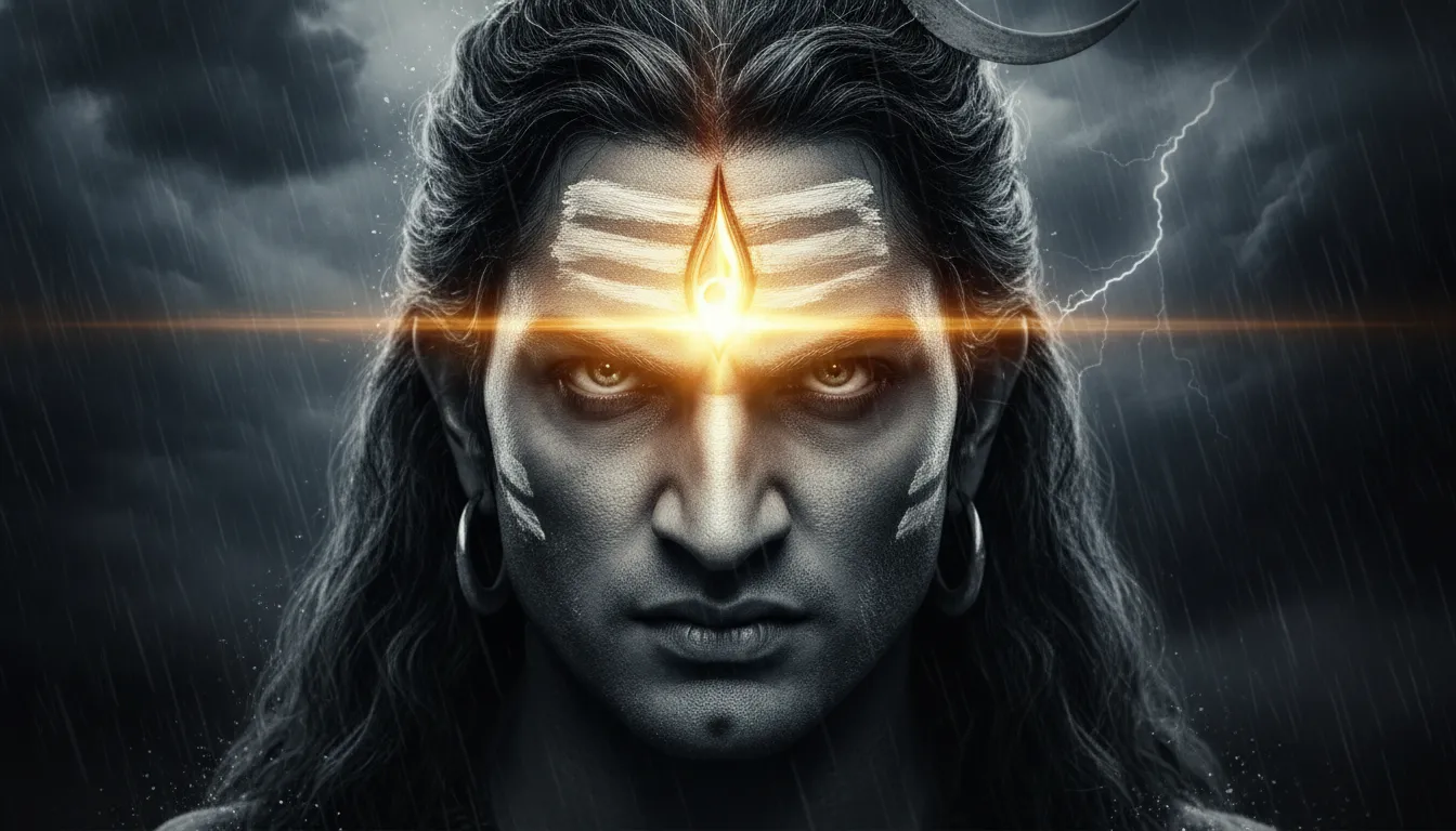 Close up of Lord Shiva with his third eye glowing like fire amidst a dark storm