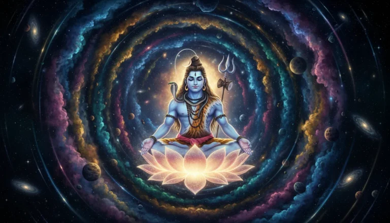 Lord Shiva floating on glowing lotus in galaxy-themed futuristic artwork.