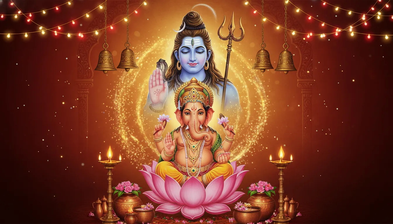 A colorful devotional image featuring Lord Ganesha seated on a pink lotus with Lord Shiva in the background, surrounded by lamps and festive lights.