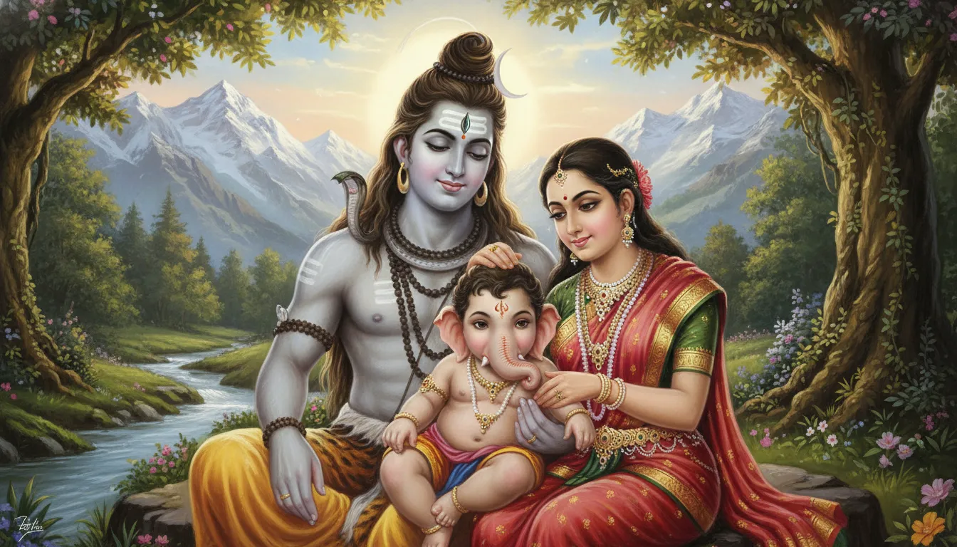 Baby Ganesha sitting with Shiva and Parvati on snowy mountain