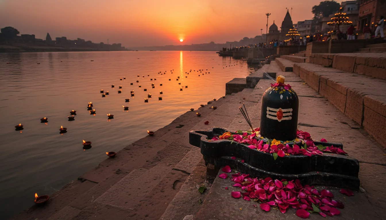 Har Har Mahadev Shivling photo on the banks of River Ganga during evening Aarti with clay diyas.